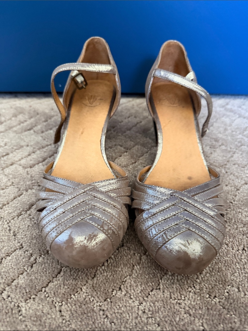 Frye Metallic Taupe Strappy Peep-Toe Flats